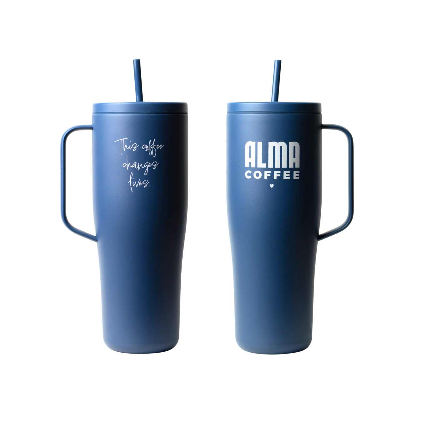 Two blue tumblers with handles and straws on a white background, one with text and the other with 'Alma Coffee' branding.