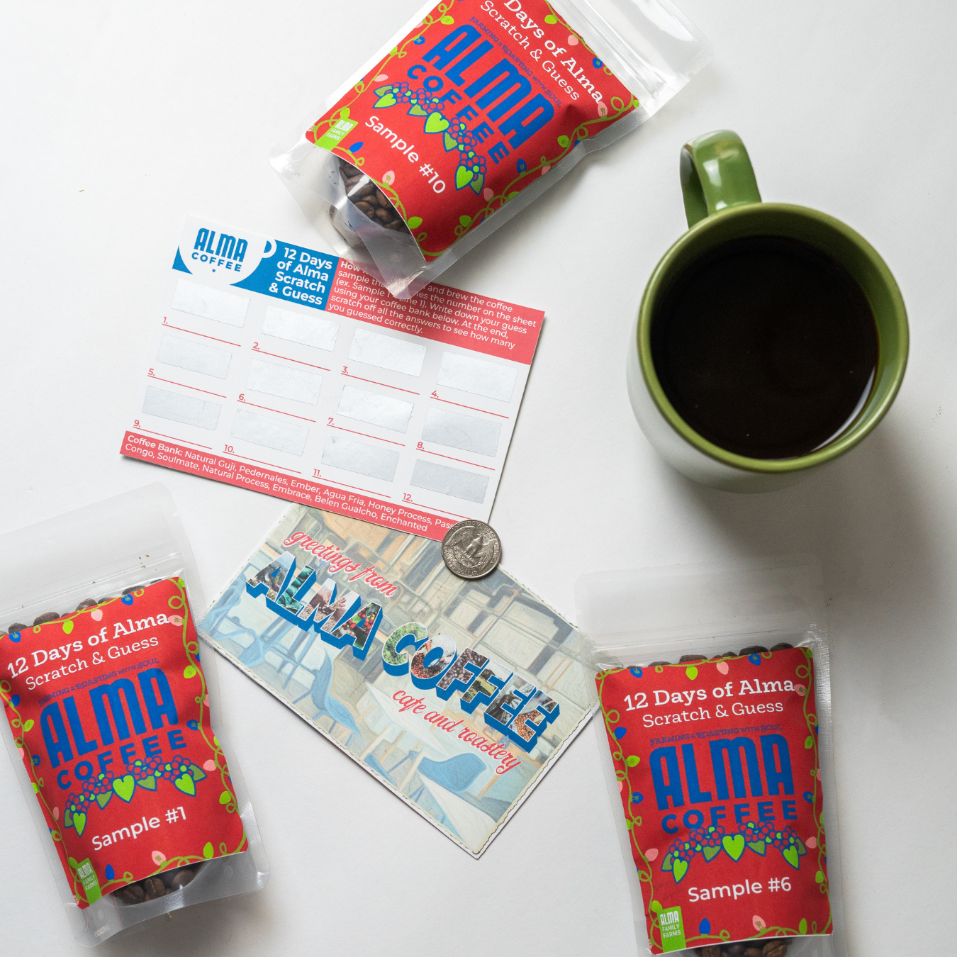 12 sample bags of coffee for alma advent calendar that include a scratch and guess game