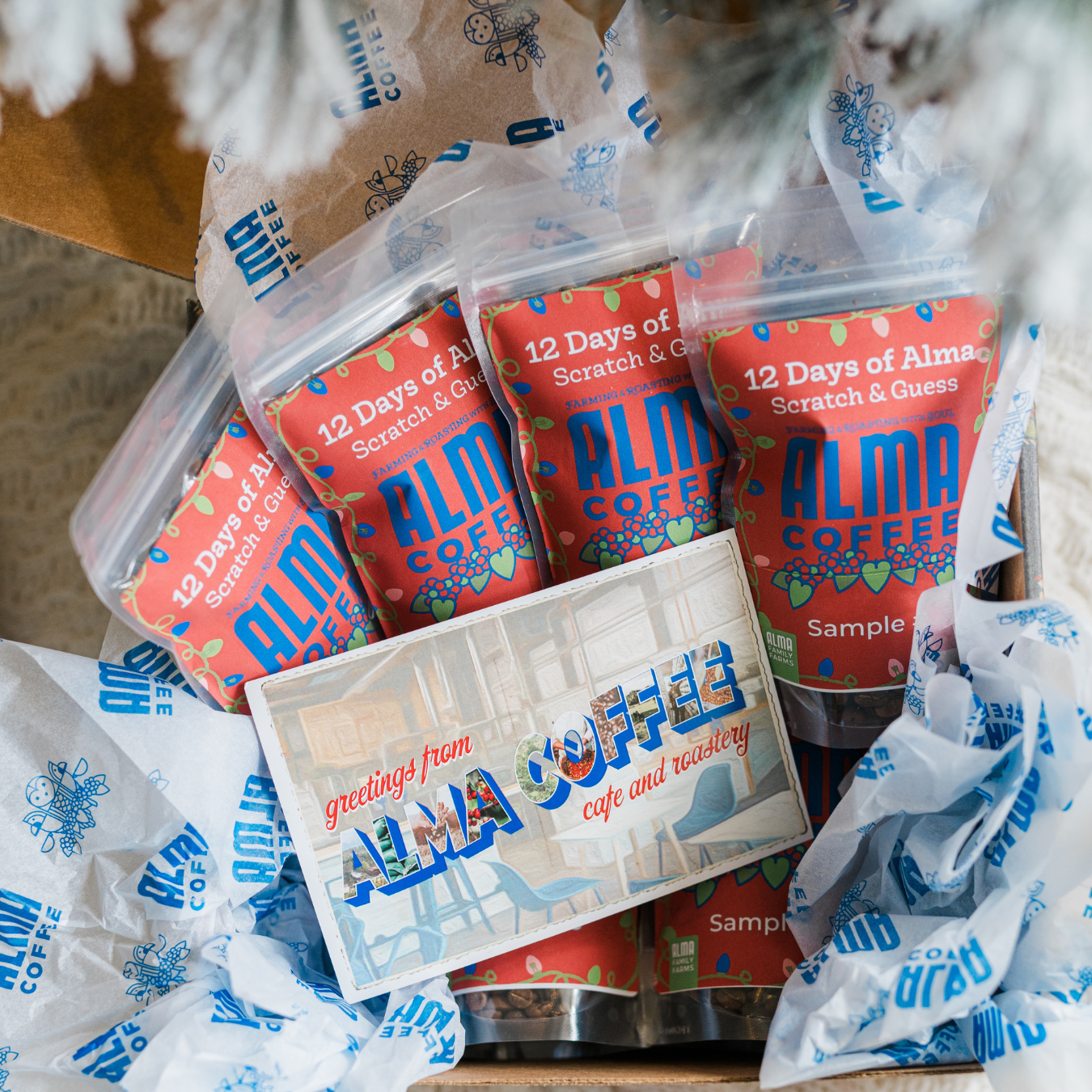 12 sample bags of coffee for alma advent calendar that include a scratch and guess game