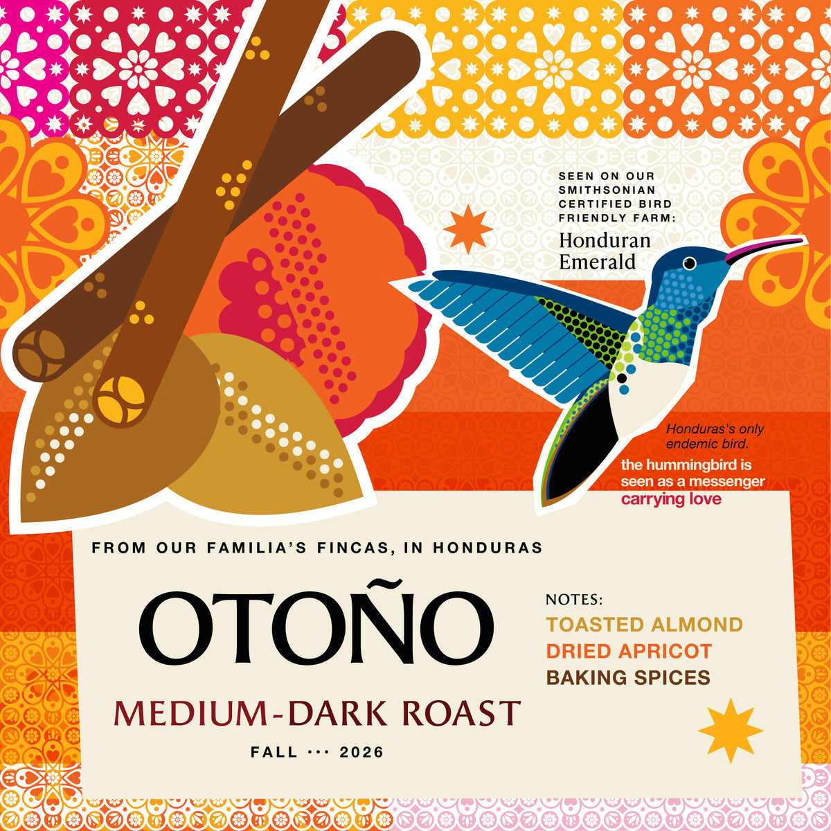 A colorful product label for Otono Medium-Dark Roast baking spices, featuring a hummingbird, cinnamon sticks, and a mortar and pestle over a patterned orange, yellow, and pink background.
