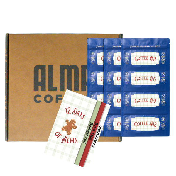 Coffee package set with 'ALMA COFFEE' branding on a white background