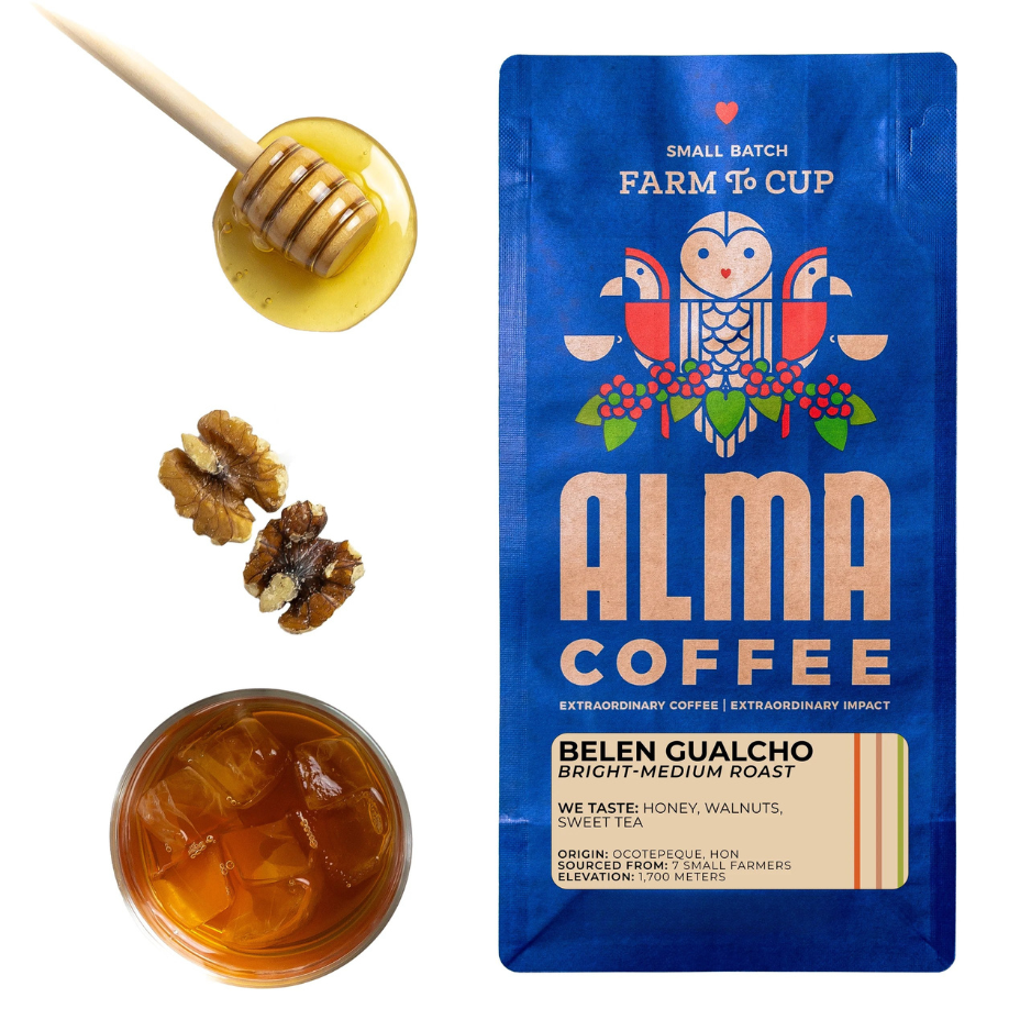 Alma Coffee package with honey, walnuts, and iced coffee on a white background