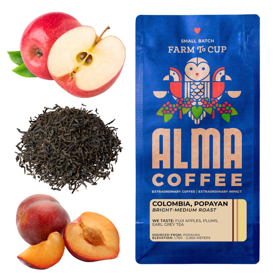 Alma Coffee package with apples, tea leaves, and peaches on a white background