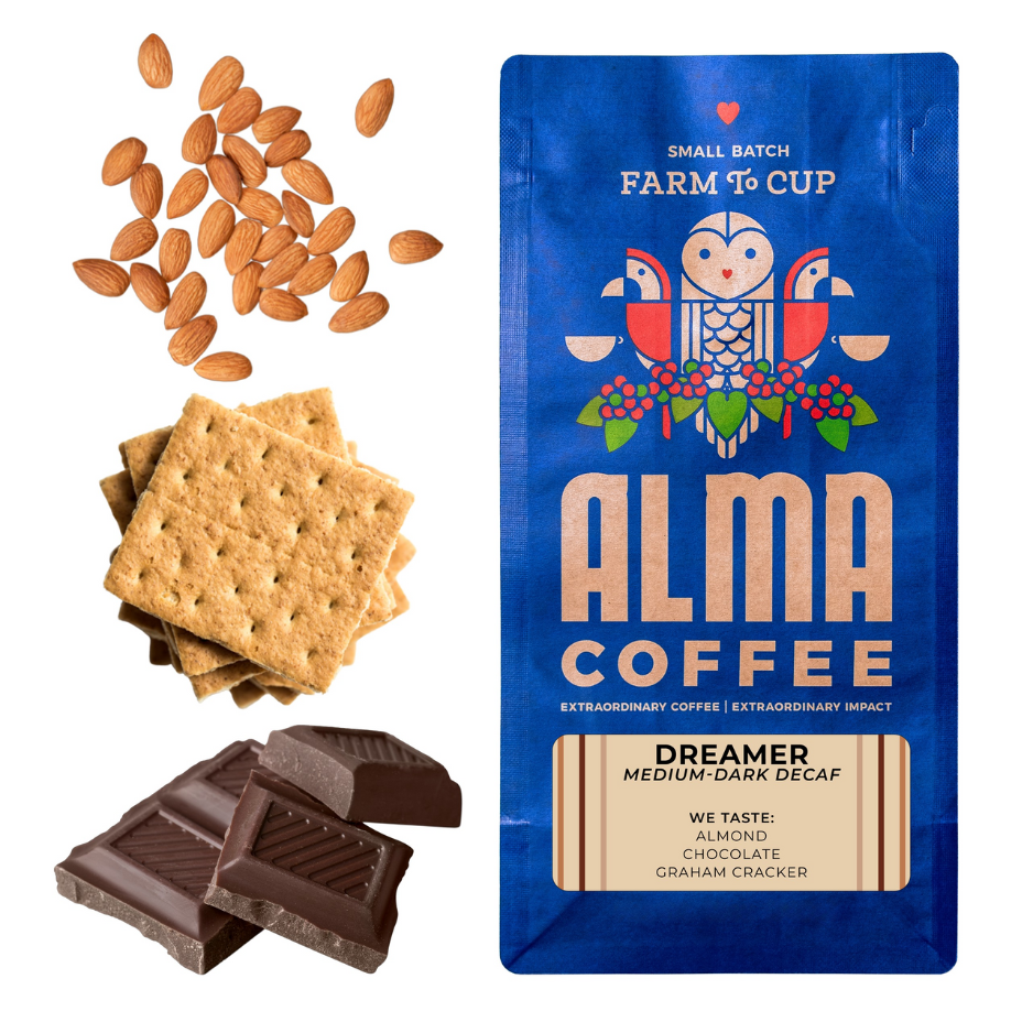 Alma Coffee package with almonds, crackers, and chocolate on a white background