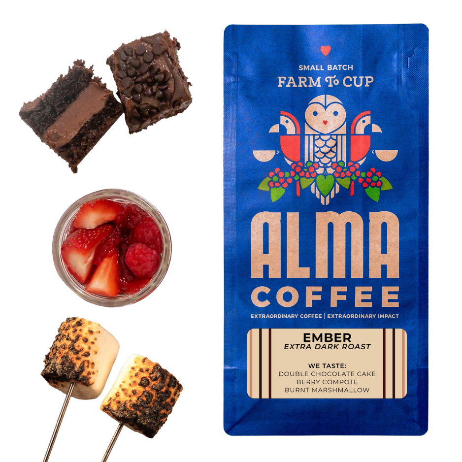 Alma Coffee package with brownies, berries, and marshmallows on a white background