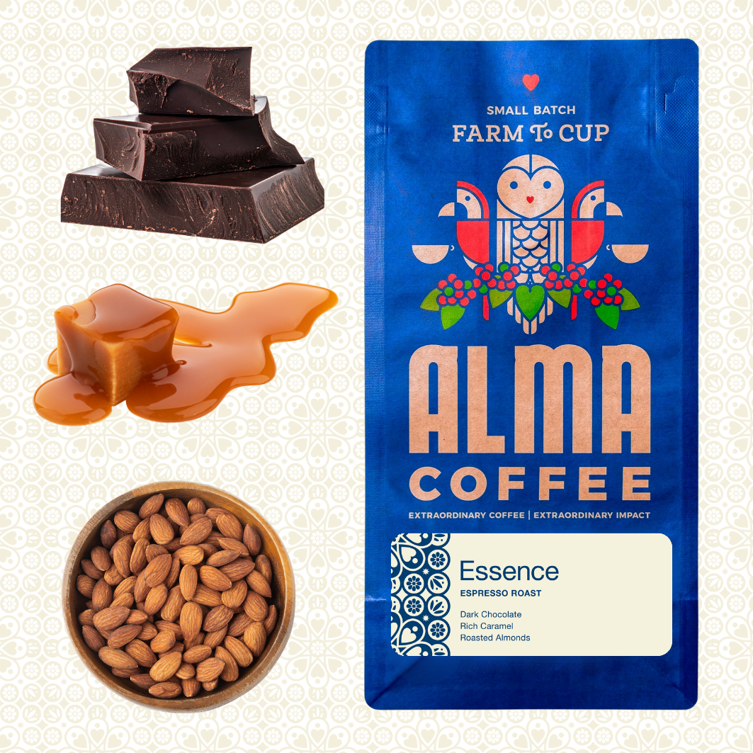 Alma Coffee Essence Espresso Roast bag shown on a patterned cream background, with decorative ingredient callouts of dark chocolate pieces, caramel drizzle, and a bowl of almonds.