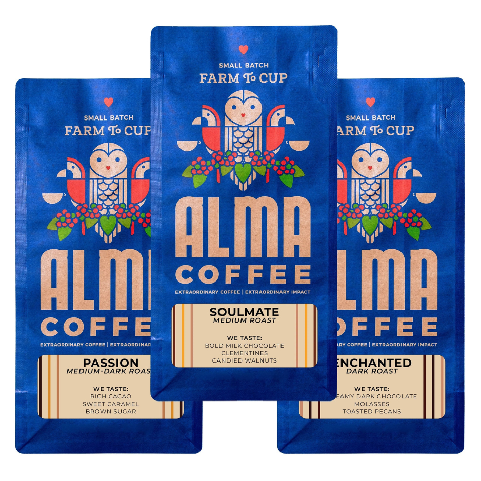 Three packages of Alma Coffee with blue and white design on a white background