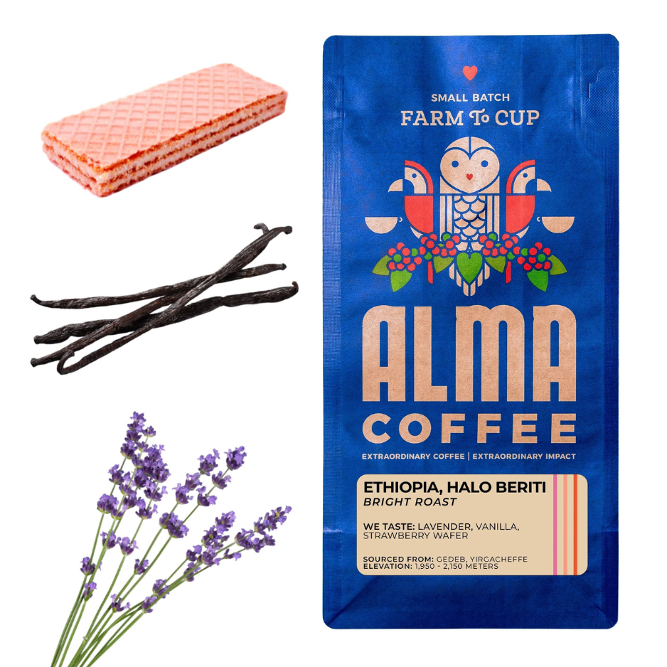 Alma Coffee package with vanilla beans, lavender, and wafers on a white background