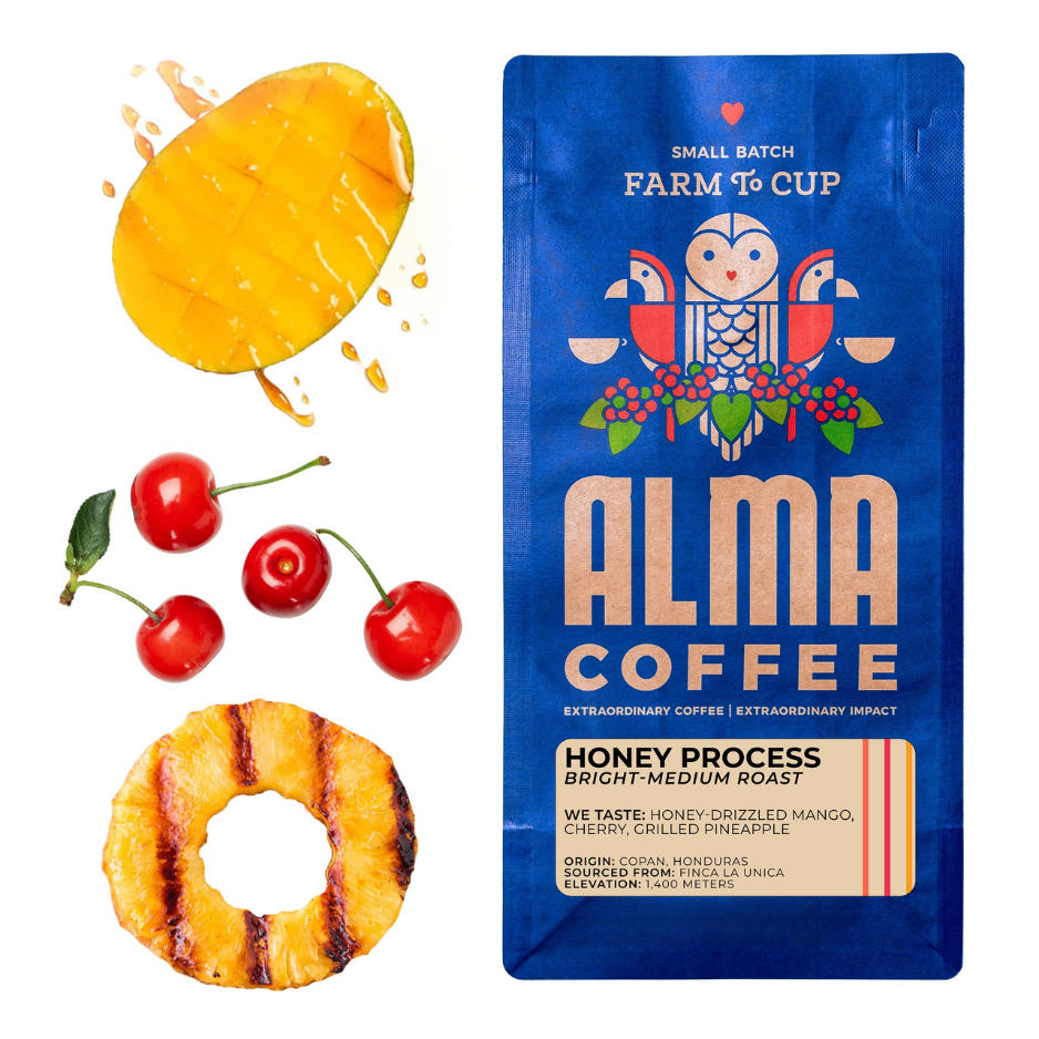 Alma Coffee package with honey process description, surrounded by mango, cherries, and grilled pineapple.