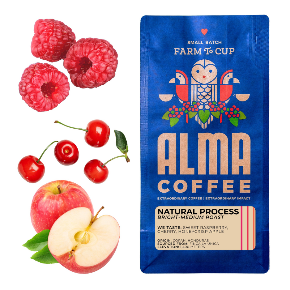 Alma Coffee package with raspberries, cherries, and an apple on a white background