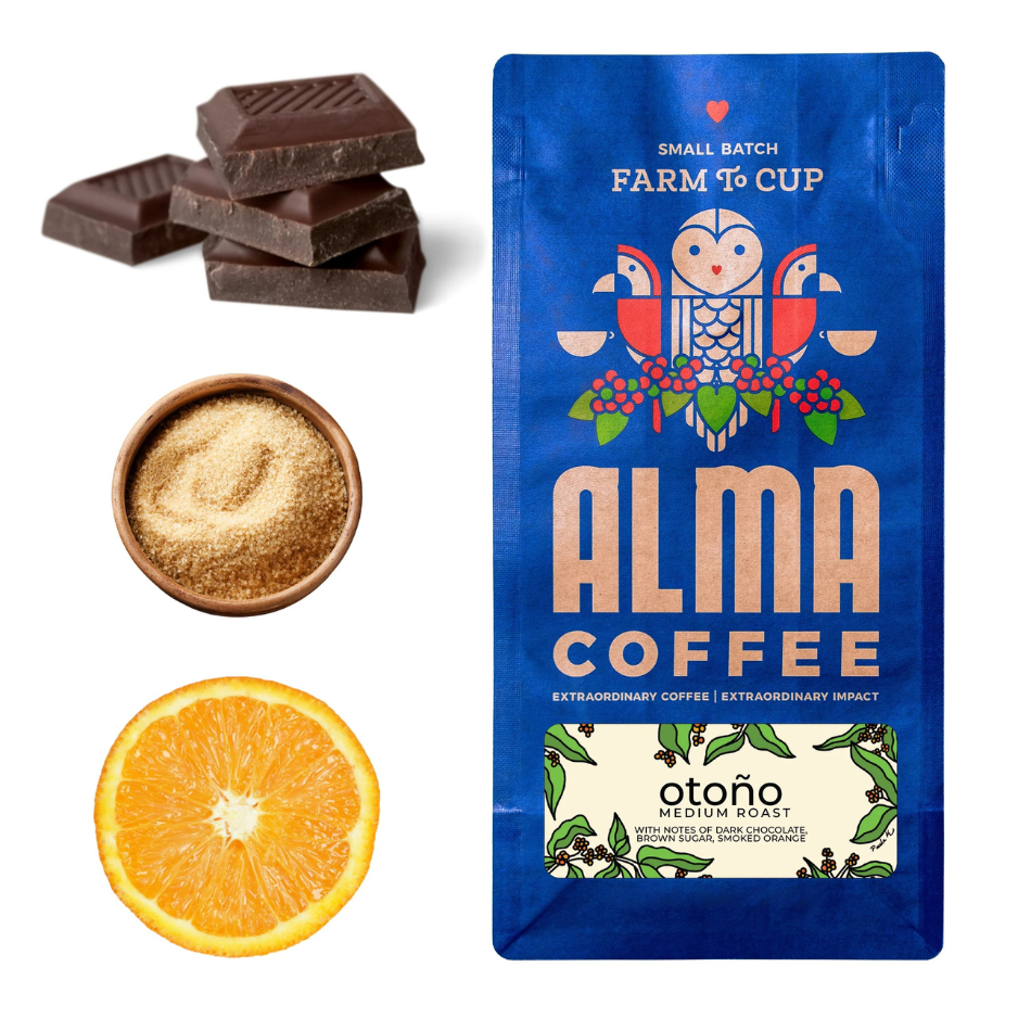 Alma Coffee package with chocolate, sugar, and orange on a white background