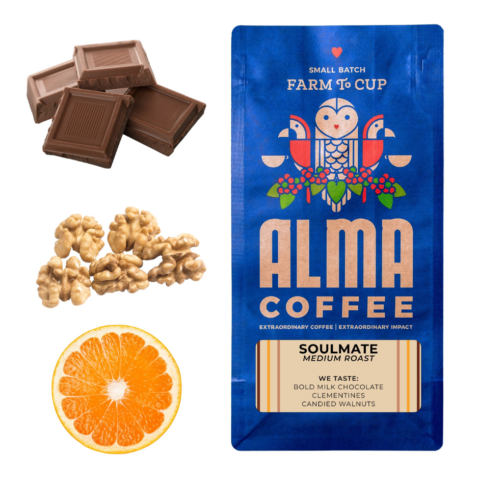 Alma Coffee package with chocolate, walnuts, and an orange slice on a white background