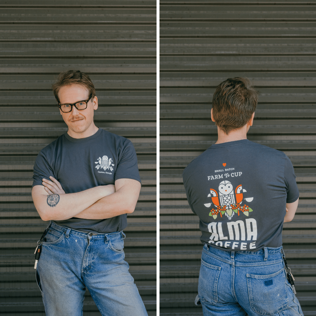 roasted in canton georgia t-shirt from alma coffee in gunmetal