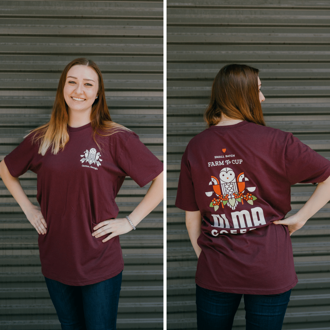 roasted in canton georgia t-shirt from alma coffee in maroon