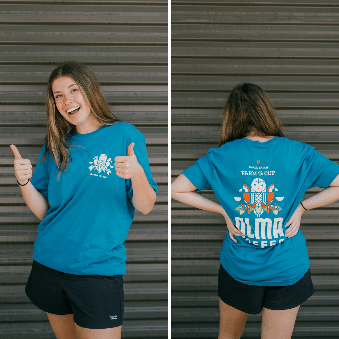 roasted in canton georgia t-shirt from alma coffee in teal