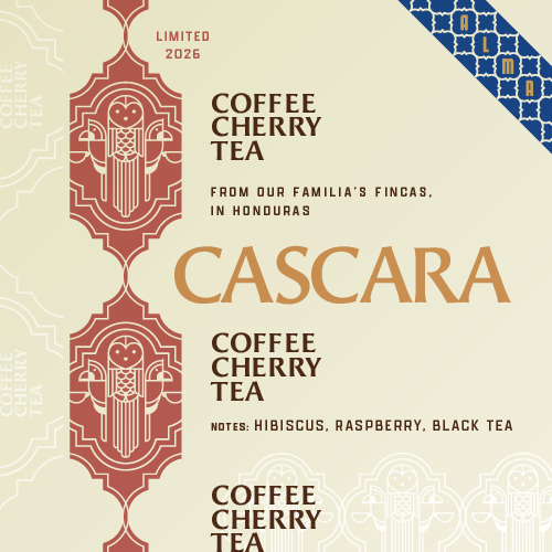 Cascara coffee cherry tea label with decorative elements and text.