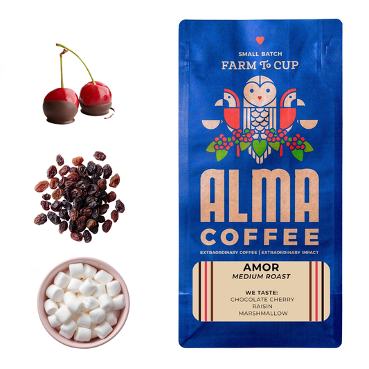 Alma Coffee package with coffee beans, chocolate-dipped cherries, and marshmallows on a white background