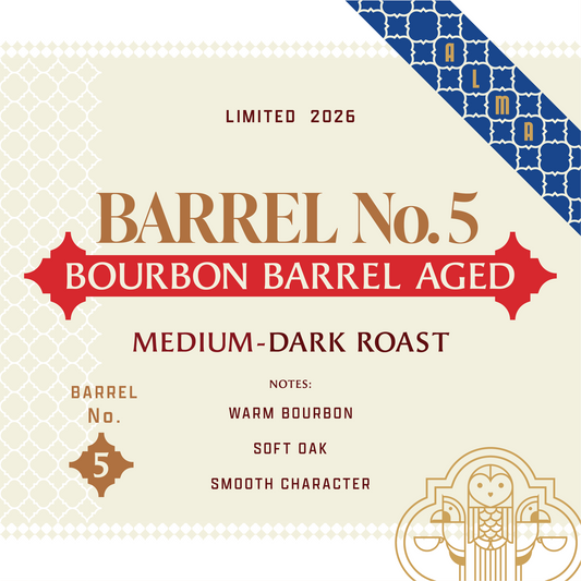 Barrel aged bourbon coffee label with decorative elements and text.