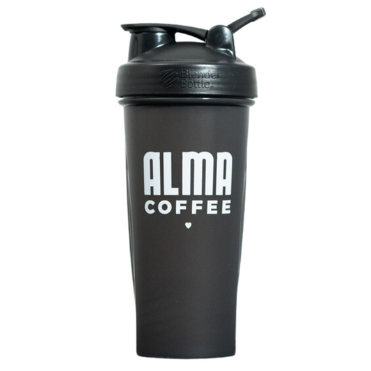 blender bottle branded with alma coffee