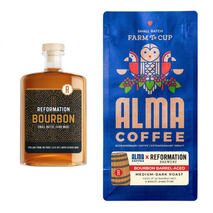 Bottle of Reformation Bourbon and package of Alma Coffee on a white background
