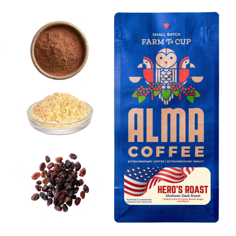 Hero's Roast bag with tasting notes of Cocoa, Brown sugar, and raisin
