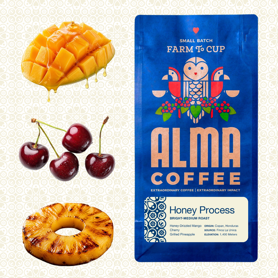 Alma coffee Honey Process Roast with tasting notes of Honey Drizzled Mango, Cherry and Grilled Pineapple