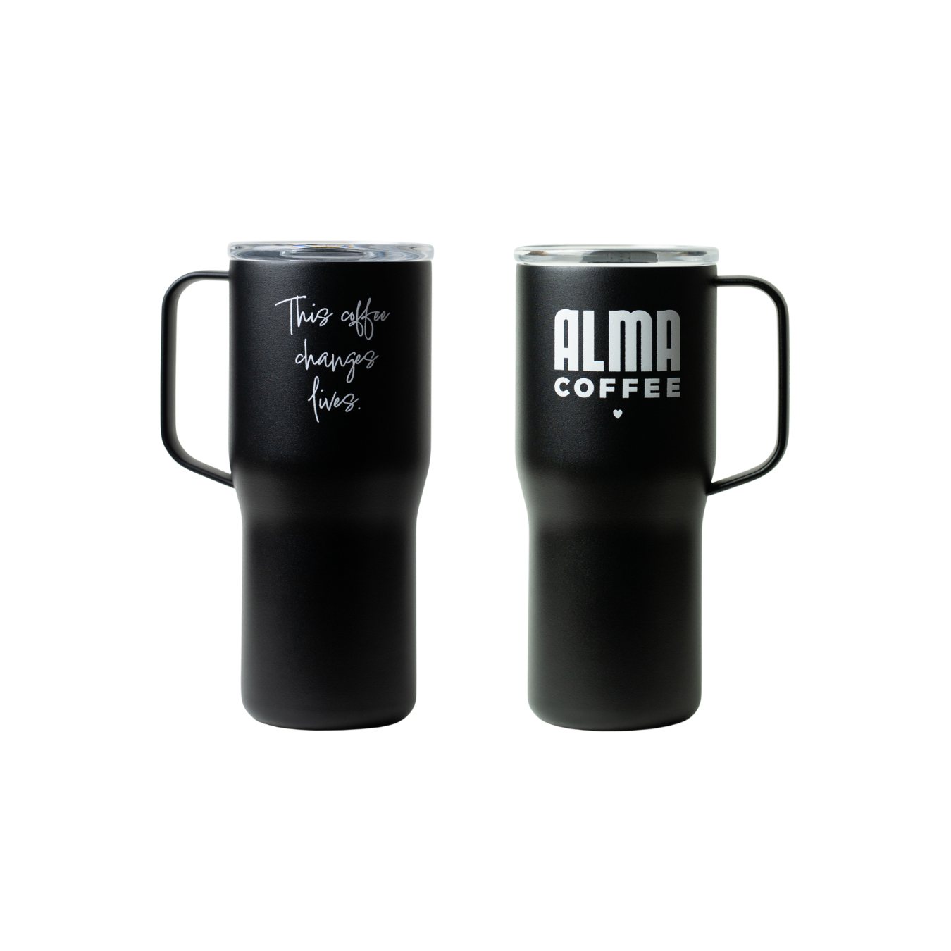 Black insulated coffee tumblers with text on a white background