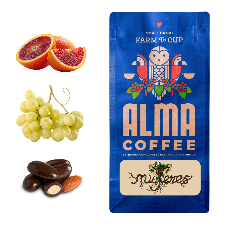 Alma Coffee package with blood oranges, grapes, and chocolate truffles on a white background