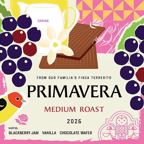 Coffee label with grapes, flowers, and a bird on a colorful background