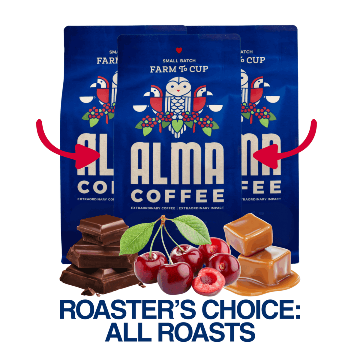 Three blue bags of Alma Coffee are shown on a white background with decorative red arrows pointing to them, plus chocolate pieces, cherries, and caramel squares at the bottom, and the text 'ROASTER'S CHOICE: ALL ROASTS'.
