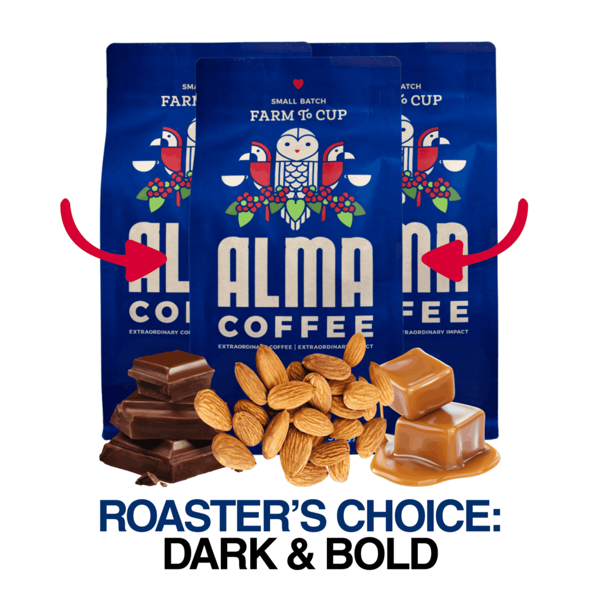 Three blue bags of Alma Coffee are shown on a white background with red arrows pointing to them and chocolate pieces, almonds, and caramel cubes in front. Text at the bottom reads 'ROASTER'S CHOICE: DARK & BOLD'.