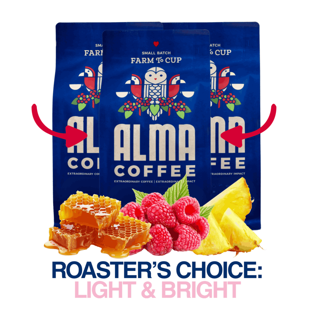Three blue bags of Alma Coffee are shown on a white background with red arrows pointing to them. Below the bags are illustrations of honeycomb, raspberries, mint leaves, and pineapple slices.