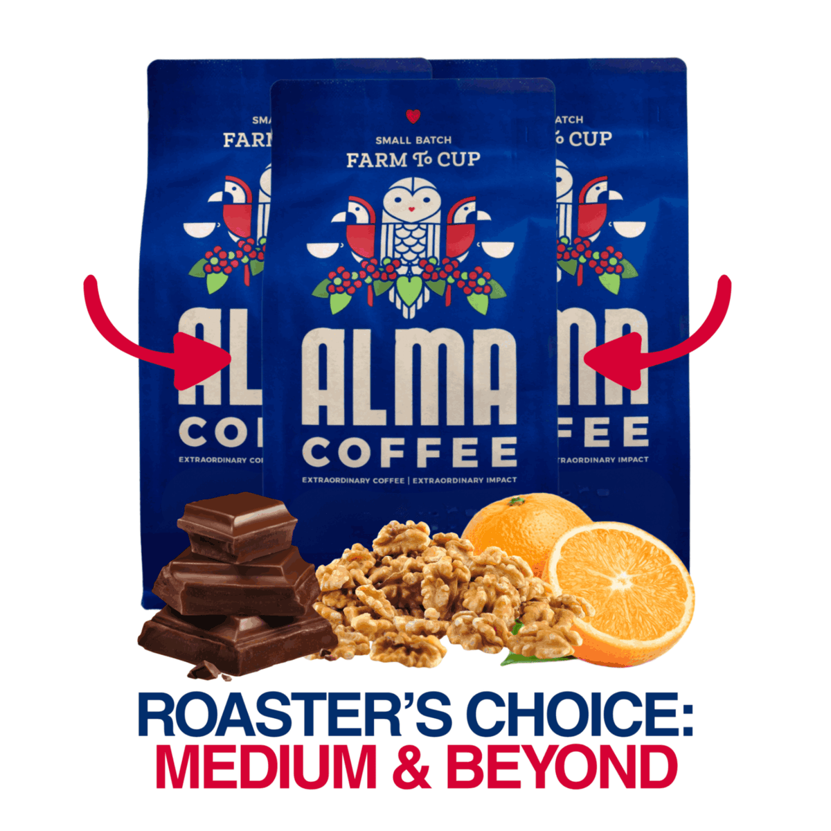 Three blue bags of Alma Coffee are shown on a white background with decorative red arrows pointing to them, plus chocolate pieces, walnuts, and orange slices at the bottom. Text reads 'ROASTER'S CHOICE: MEDIUM & BEYOND'.
