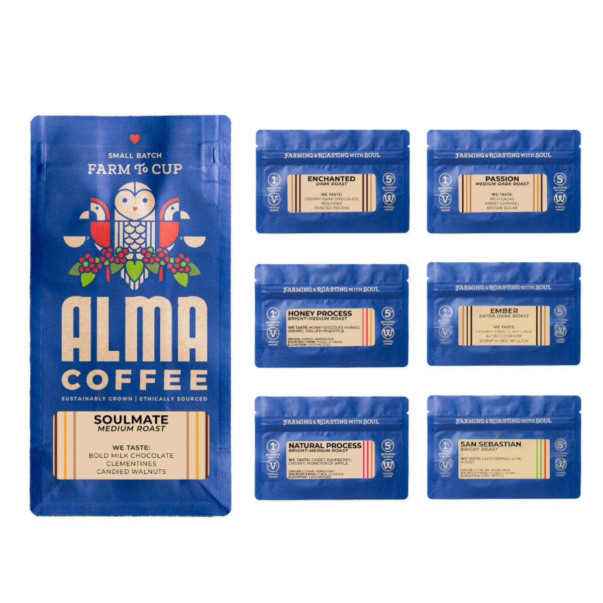 A coffee product display featuring a large blue Alma Coffee Soulmate Medium Roast bag on the left, alongside six smaller blue single-serve pouches arranged in two columns on a white background. The smaller pouches show different flavor/process labels including Enchanted, Passion, Honey Process, Embed, Natural Process, and San Sebastian.