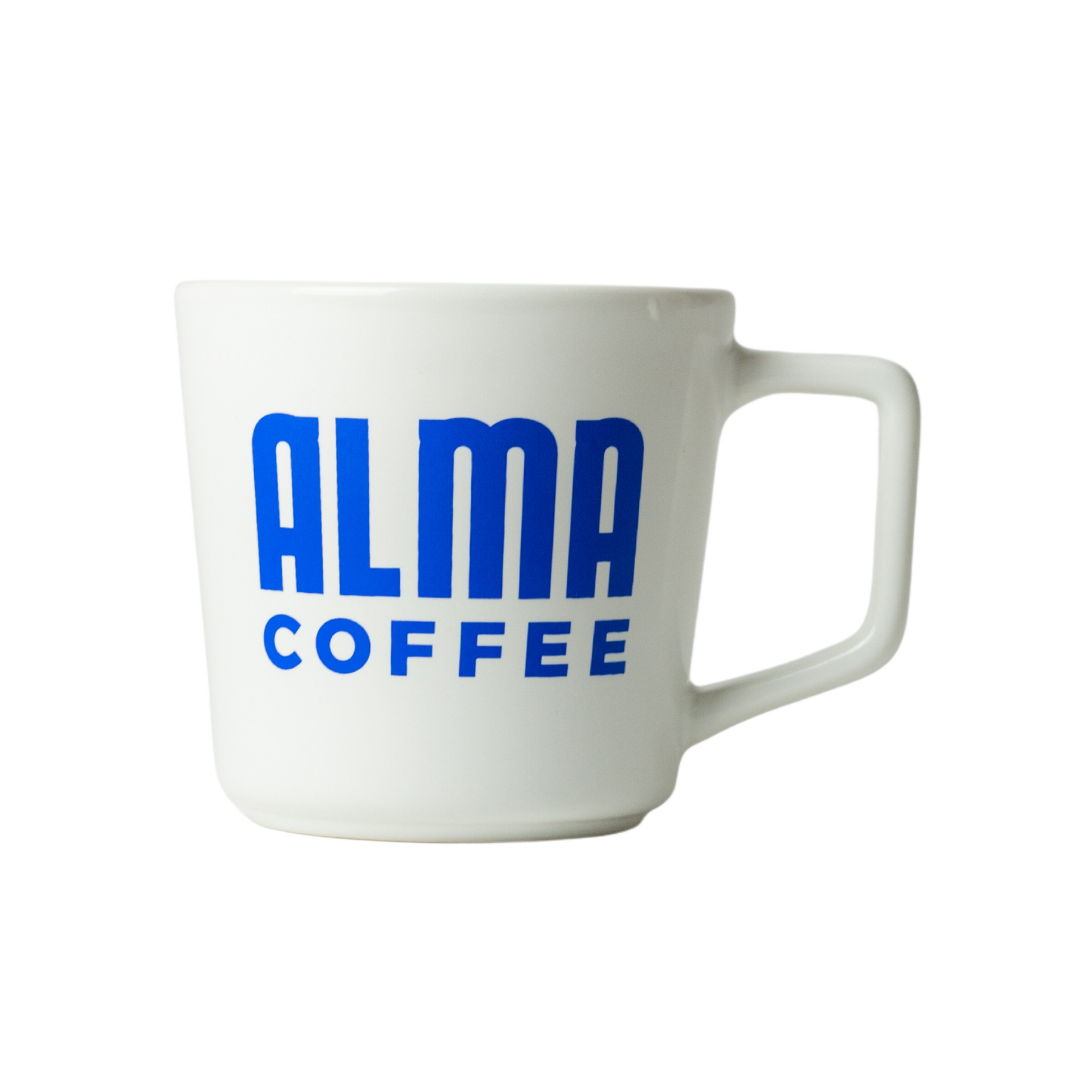 white angled mug with alma coffee logo