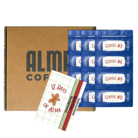 Coffee package set with 'ALMA COFFEE' branding on a white background