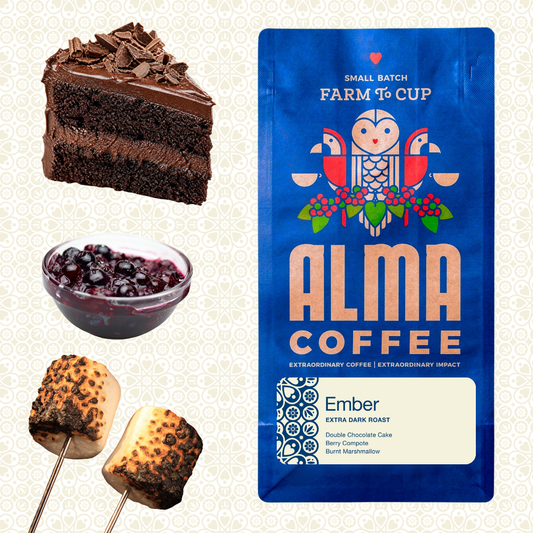 Alma Coffee Ember Roast. With tasting notes of double chocolate cake, berry compote and burnt marshmallow