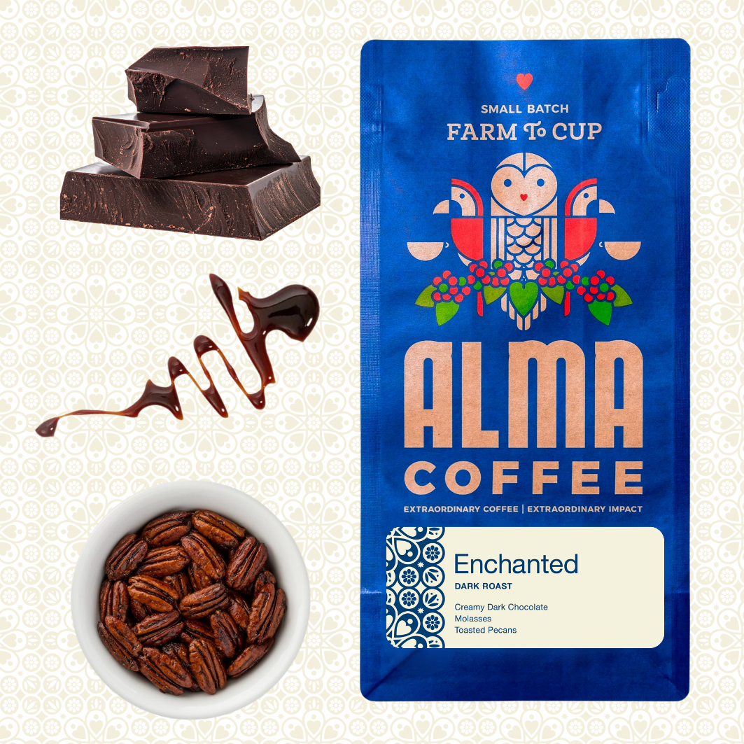 Alma Coffee 'Enchanted' Dark Roast coffee bag shown on a patterned cream background, alongside visual ingredients: stacked dark chocolate pieces, a drizzle of chocolate sauce, and a bowl of pecans. The package is blue with a stylized owl logo and large 'ALMA COFFEE' text.