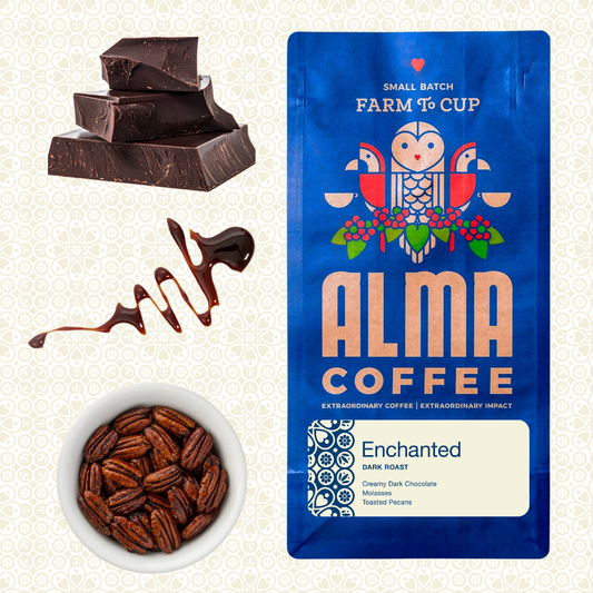 Alma Coffee 'Enchanted' Dark Roast coffee bag shown on a patterned cream background, alongside visual ingredients: stacked dark chocolate pieces, a drizzle of chocolate sauce, and a bowl of pecans. The package is blue with a stylized owl logo and large 'ALMA COFFEE' text.