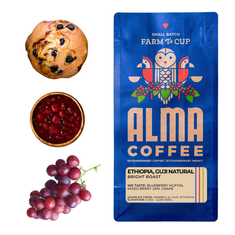 Alma Coffee package with a muffin, berries, and grapes on a white background