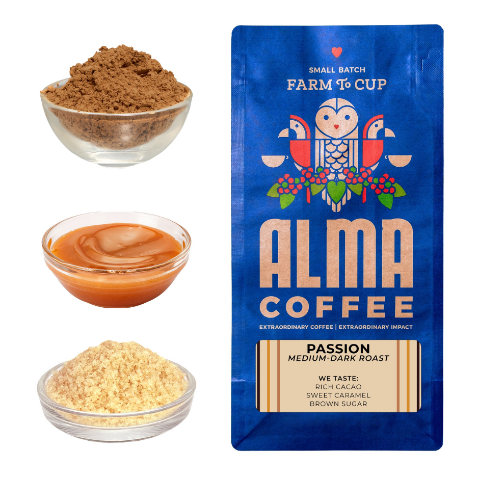 Alma Coffee package with coffee grounds and roasted coffee beans on a white background