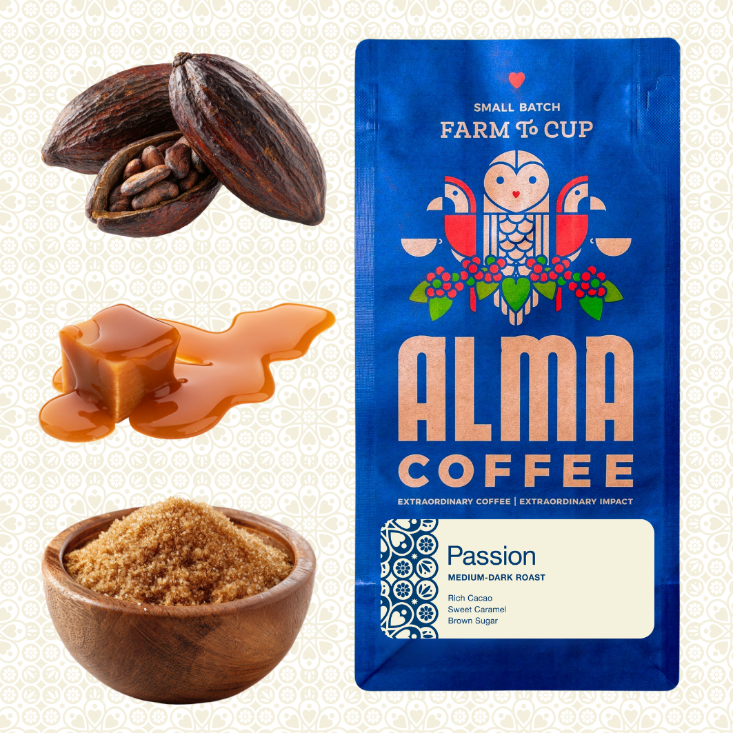 Alma Coffee Passion Medium-Dark Roast in a blue pouch, shown alongside visual ingredients: cacao beans, caramel, and a bowl of brown sugar on a light patterned background.
