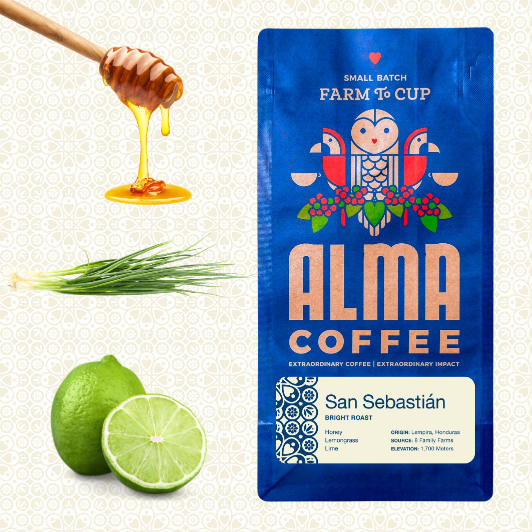 San Sebastian Roast on a Blue Alma bag with tasting notes of honey , lemongrass and lime 