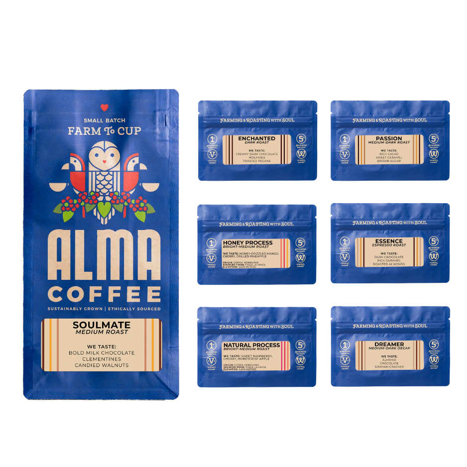 Alma Coffee packages on a white background
