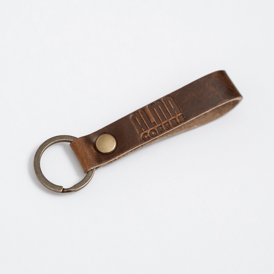 alma coffee leather keychain made by alpine leather